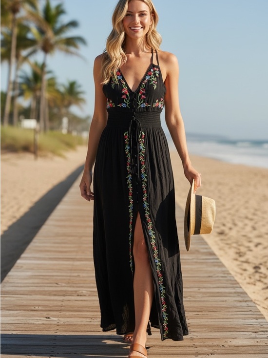 Forever 21 Dresses & Skirts - Forever 21 Festival Chic Embroidered Sleeveless Halter Button Front Maxi Dress
